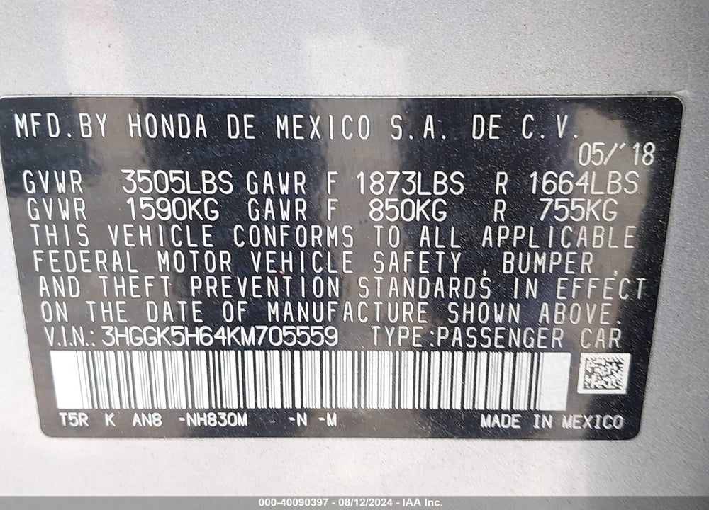 2019 HONDA FIT SPORT VIN: 3HGGK5H64KM705559