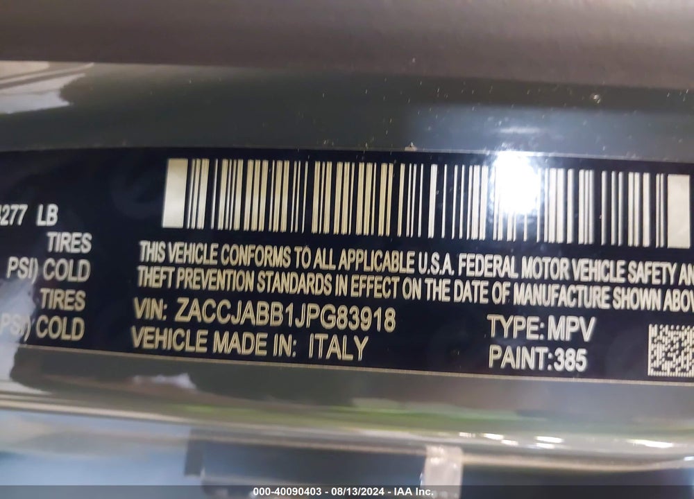 2018 JEEP RENEGADE ALTITUDE FWD VIN: ZACCJABB1JPG83918