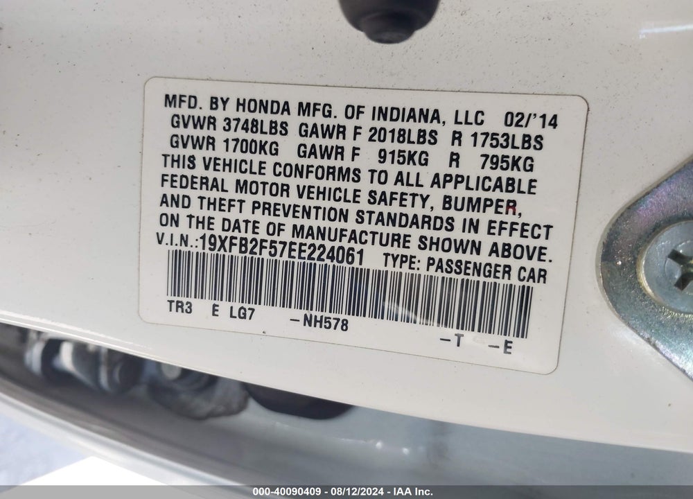 2014 HONDA CIVIC LX VIN: 19XFB2F57EE224061