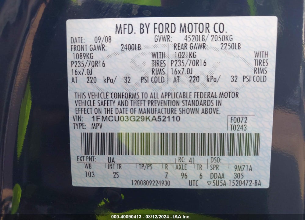 2009 FORD ESCAPE XLT VIN: 1FMCU03G29KA52110