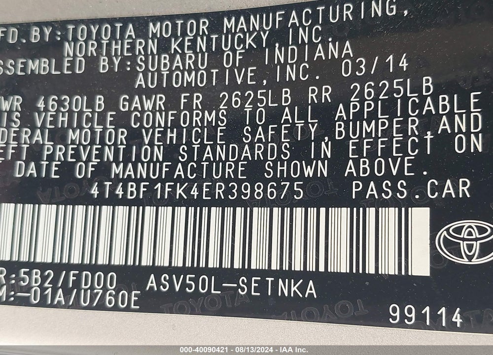 2014 TOYOTA CAMRY LE VIN: 4T4BF1FK4ER398675