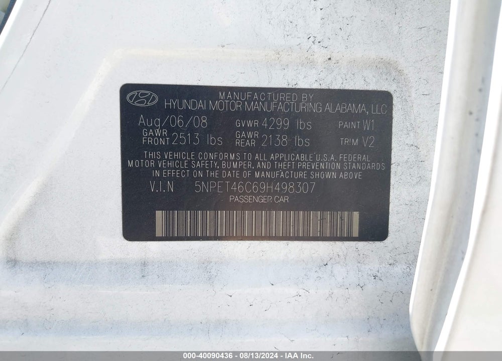 2009 HYUNDAI SONATA VIN: 5NPET46C69H498307