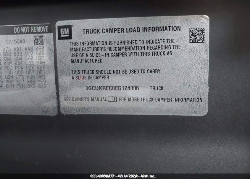 2014 CHEVROLET SILVERADO 1500 1LT VIN: 3GCUKREC8EG124006