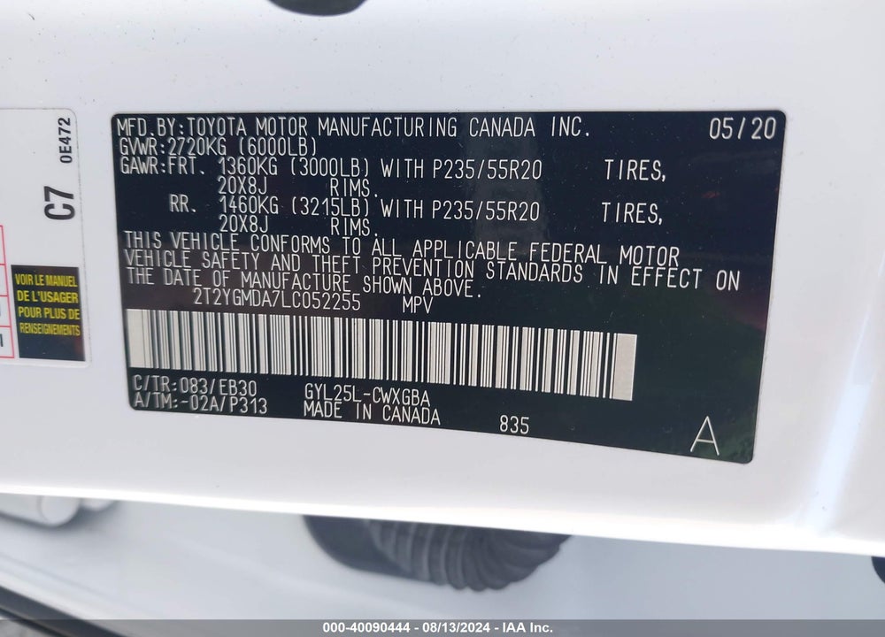 2020 LEXUS RX 450H F SPORT PERFORMANCE VIN: 2T2YGMDA7LC052255
