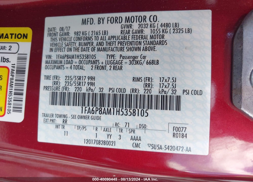2017 FORD MUSTANG V6 VIN: 1FA6P8AM1H5358105