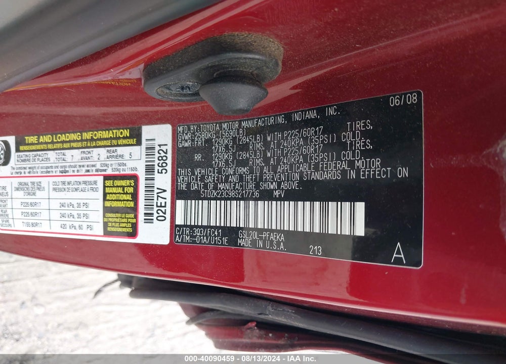 2008 TOYOTA SIENNA LE VIN: 5TDZK23C88S217736