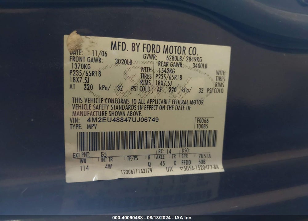 2007 MERCURY MOUNTAINEER PREMIER VIN: 4M2EU48847UJ06749