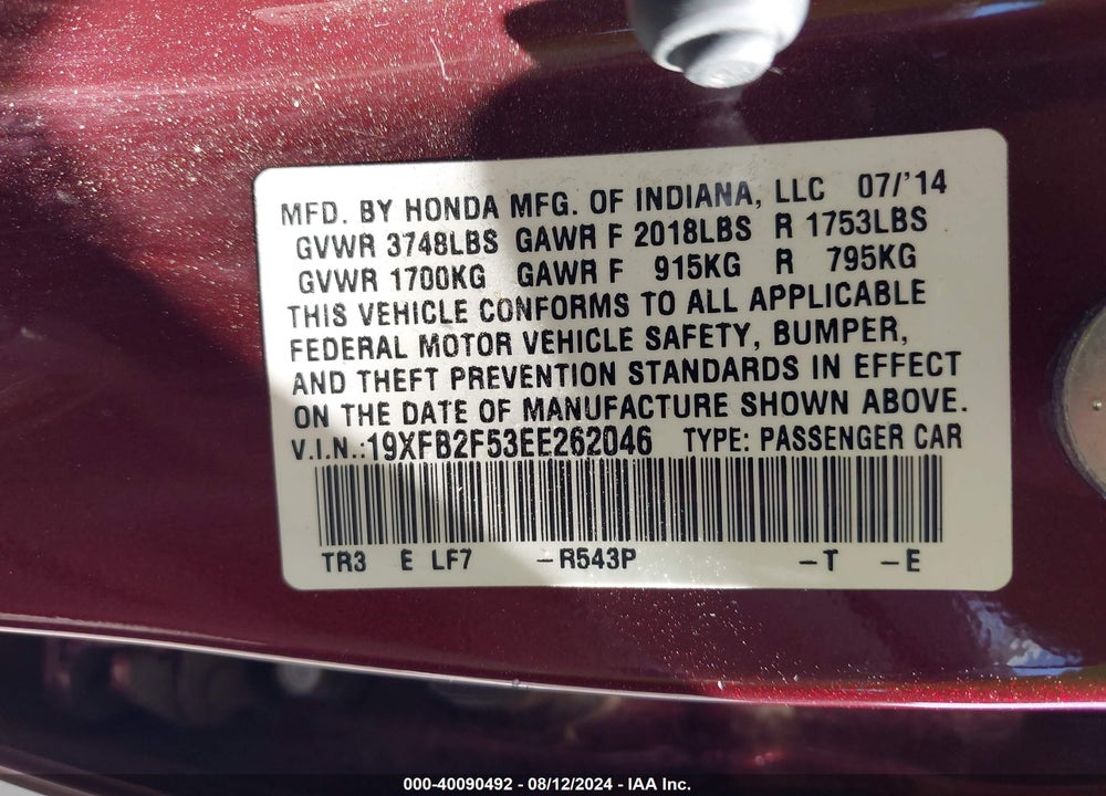 2014 HONDA CIVIC LX VIN: 19XFB2F53EE262046