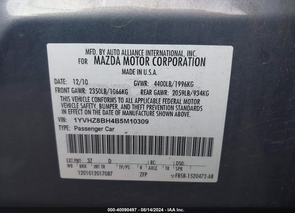2011 MAZDA 6 I SPORT VIN: 1YVHZ8BH4B5M10309