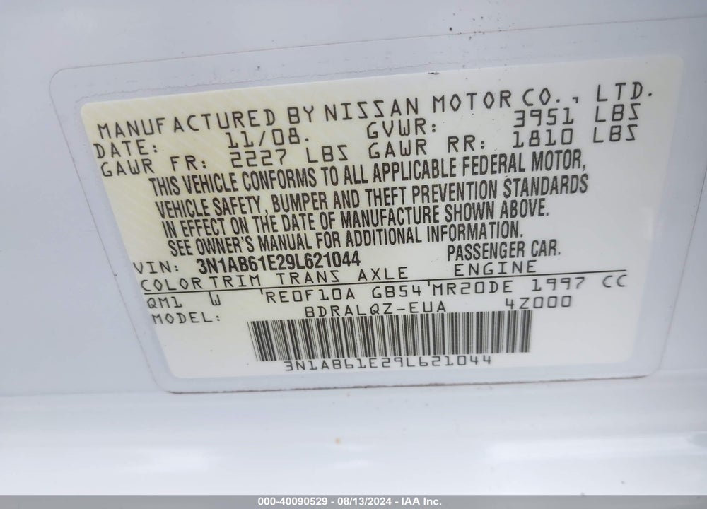 2009 NISSAN SENTRA 2.0 VIN: 3N1AB61E29L621044