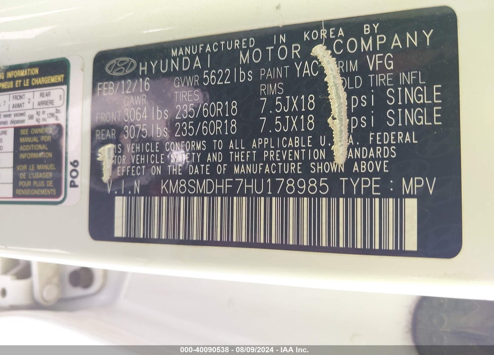 2017 HYUNDAI SANTA FE SE VIN: KM8SMDHF7HU178985