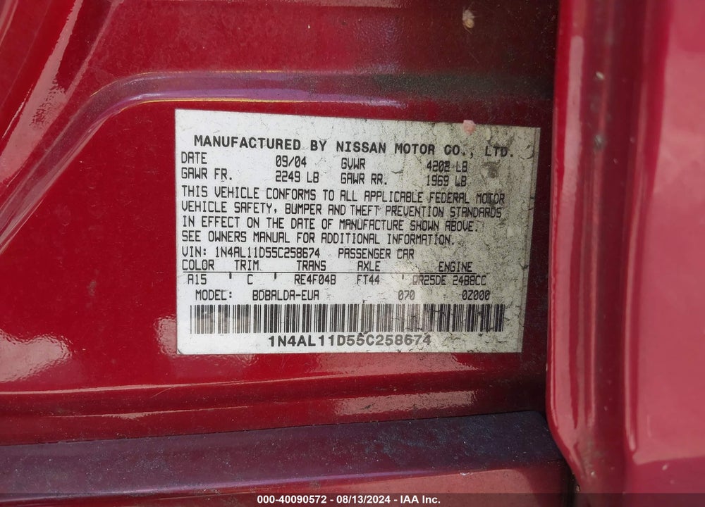 2005 NISSAN ALTIMA 2.5 S VIN: 1N4AL11D55C258674