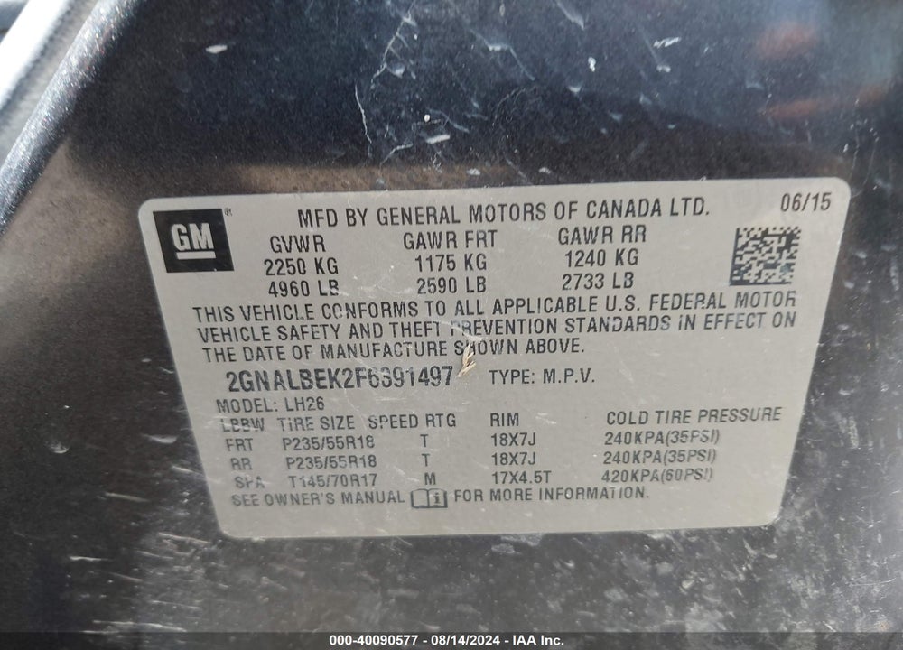 2015 CHEVROLET EQUINOX 1LT VIN: 2GNALBEK2F6391497