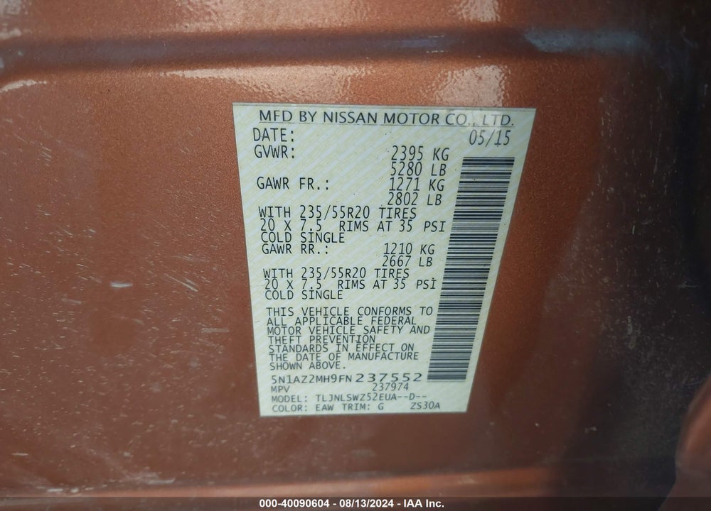 2015 NISSAN MURANO PLATINUM VIN: 5N1AZ2MH9FN237552