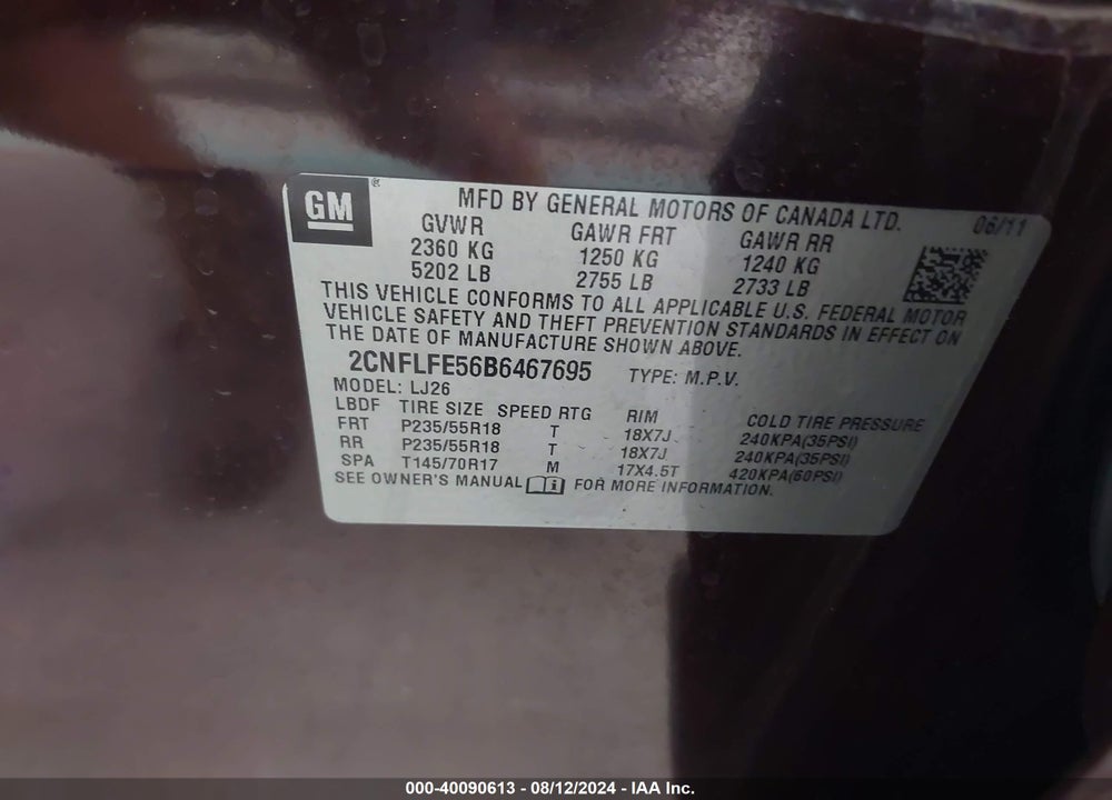 2011 CHEVROLET EQUINOX LTZ VIN: 2CNFLFE56B6467695