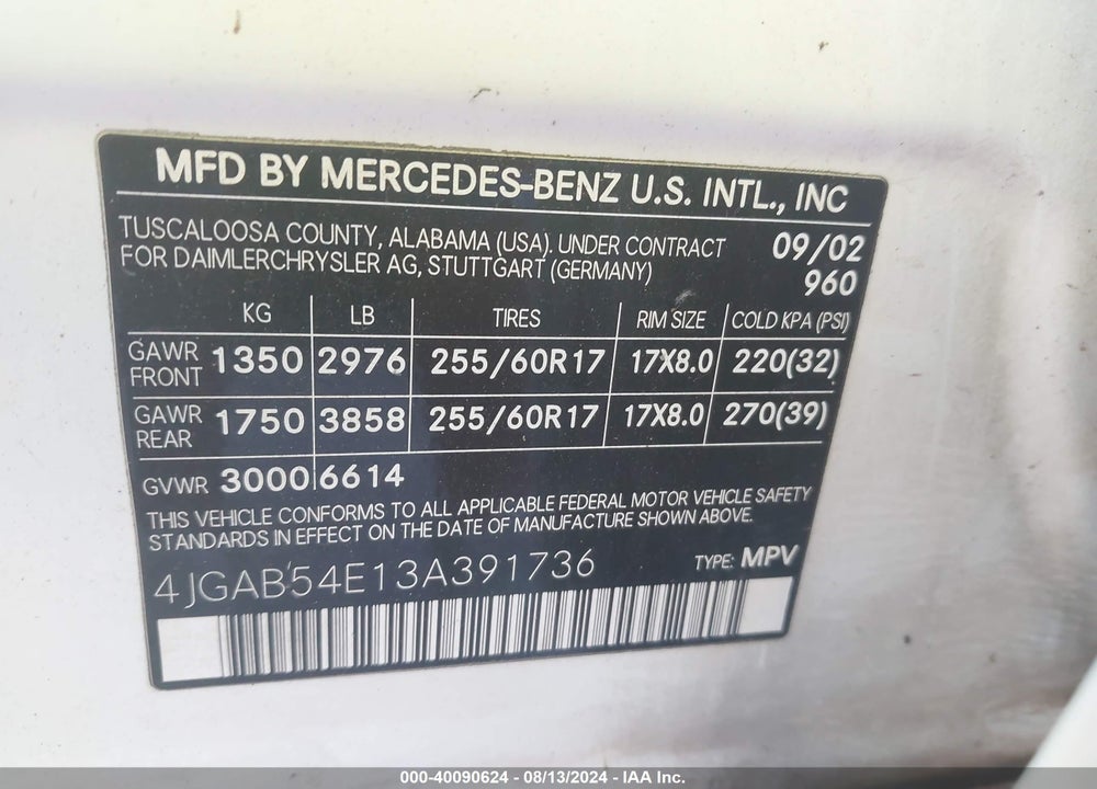 2003 MERCEDES-BENZ ML 320 VIN: 4JGAB54E13A391736