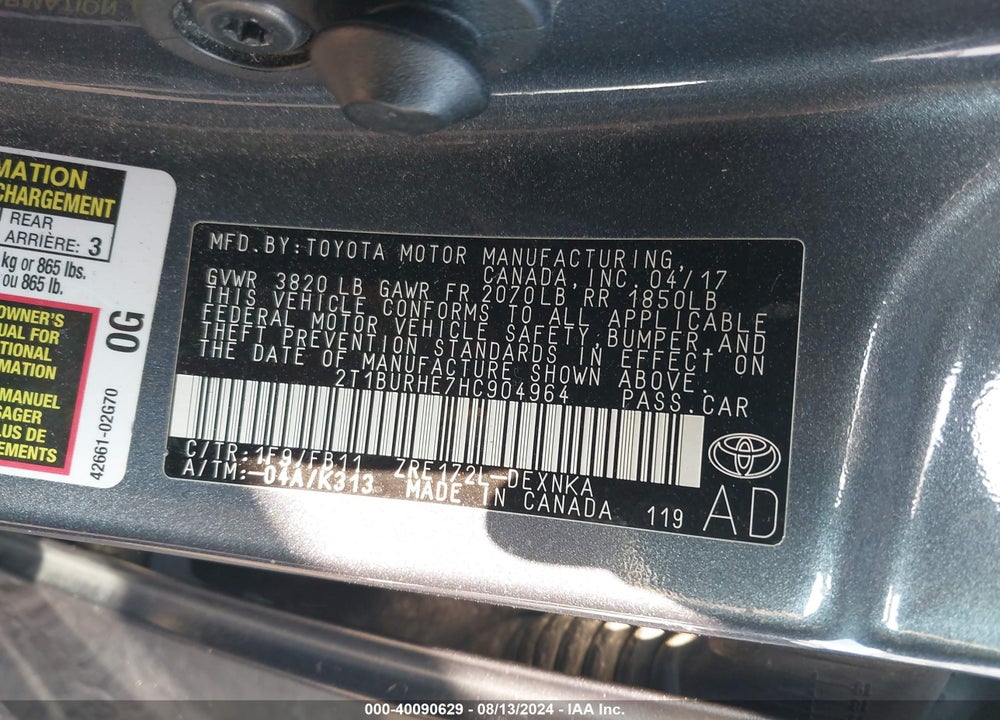 2017 TOYOTA COROLLA LE VIN: 2T1BURHE7HC904964