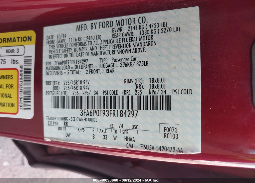 2015 FORD FUSION SE VIN: 3FA6P0T93FR184297