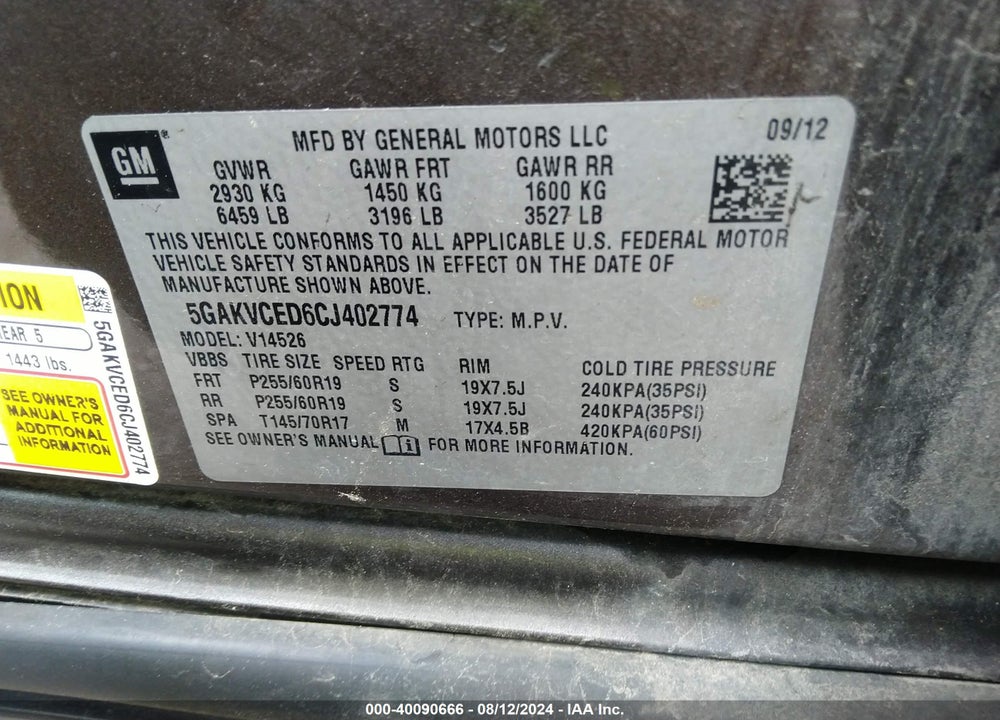 2012 BUICK ENCLAVE LEATHER VIN: 5GAKVCED6CJ402774