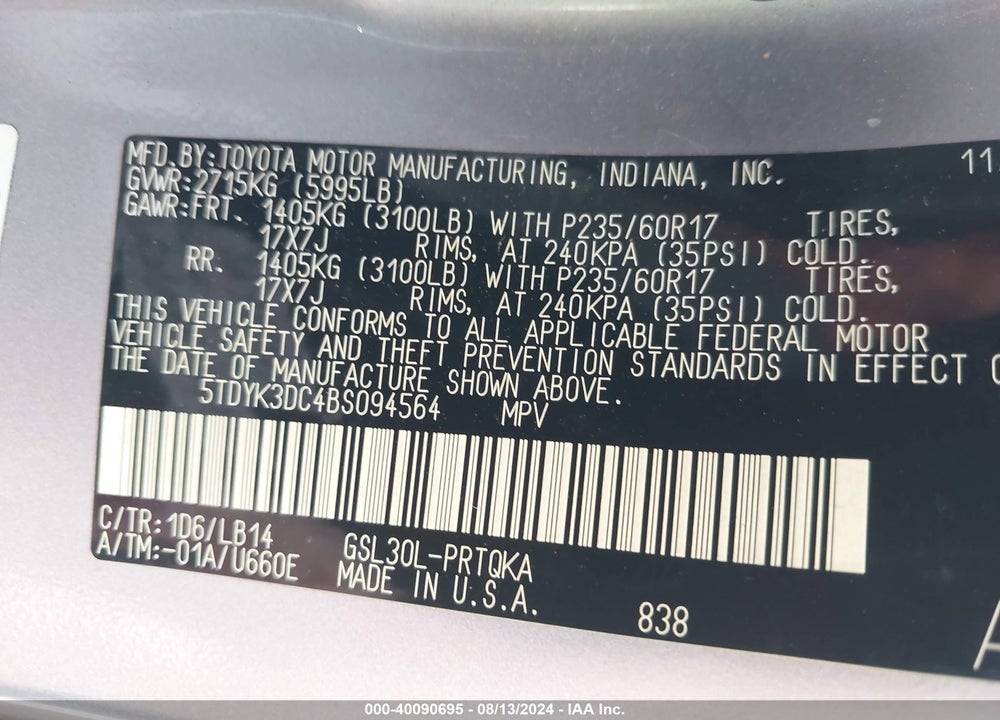 2011 TOYOTA SIENNA XLE V6 VIN: 5TDYK3DC4BS094564