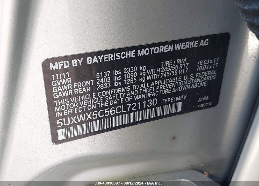 2012 BMW X3 XDRIVE28I VIN: 5UXWX5C56CL721130