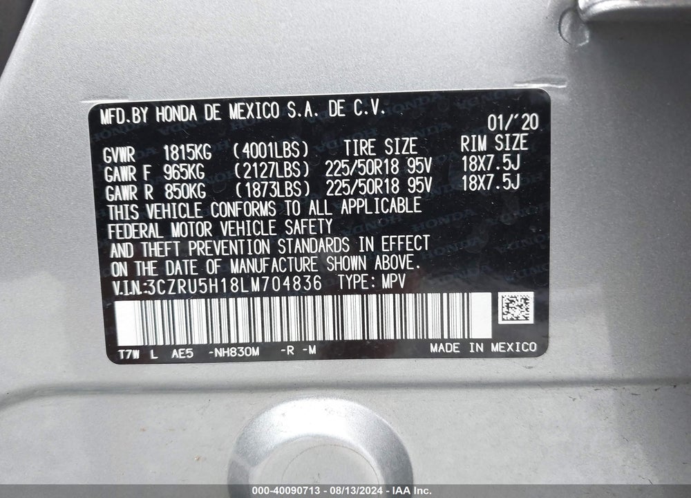 2020 HONDA HR-V VIN: 3CZRU5H18LM704836
