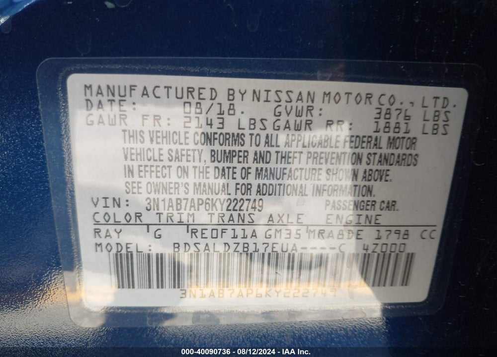 2019 NISSAN SENTRA SV VIN: 3N1AB7AP6KY222749