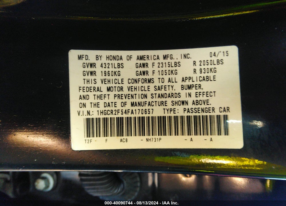 2015 HONDA ACCORD SPORT VIN: 1HGCR2F54FA170657