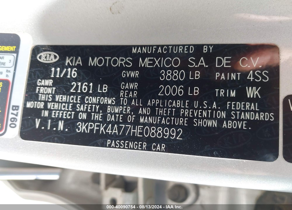 2017 KIA FORTE LX VIN: 3KPFK4A77HE088992