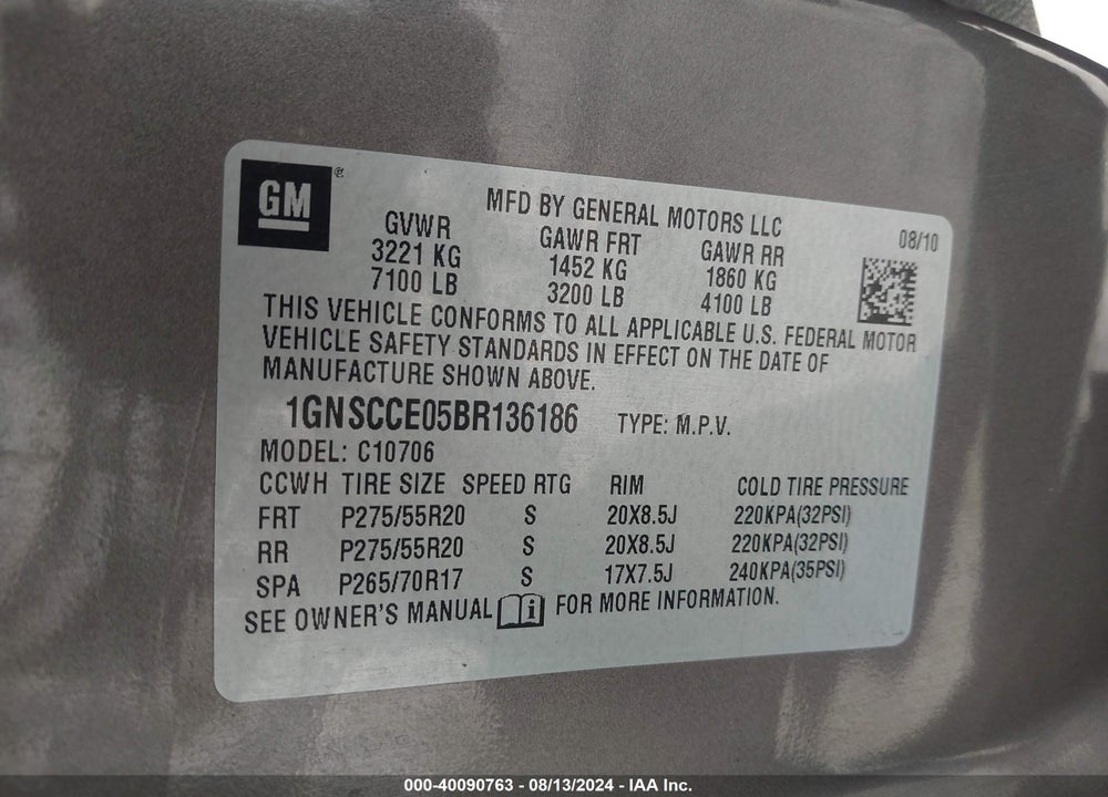 2011 CHEVROLET TAHOE LTZ VIN: 1GNSCCE05BR136186