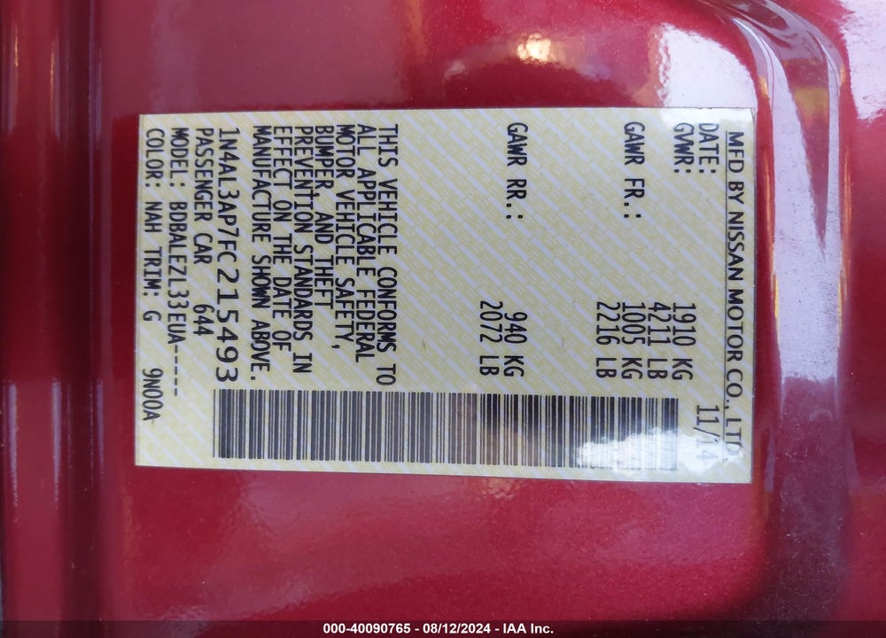 2015 NISSAN ALTIMA 2.5 S VIN: 1N4AL3AP7FC215493