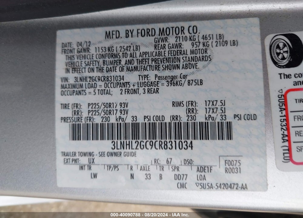 2012 LINCOLN MKZ VIN: 3LNHL2GC9CR831034