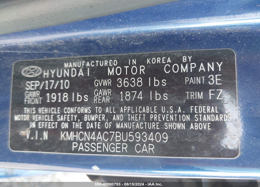 2011 HYUNDAI ACCENT GLS VIN: KMHCN4AC7BU593409