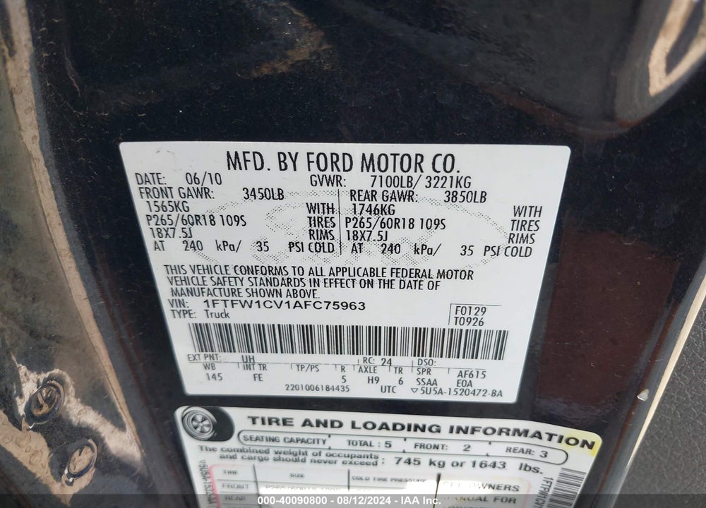 2010 FORD F-150 FX2 SPORT/HARLEY-DAVIDSON/KING RANCH/LARIAT/PLATINUM/XL/XLT VIN: 1FTFW1CV1AFC75963
