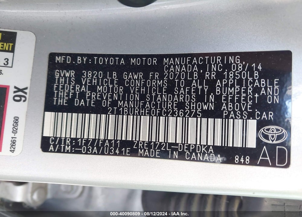 2015 TOYOTA COROLLA L VIN: 2T1BURHE0FC236275
