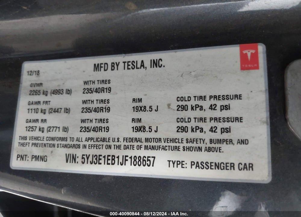 2018 TESLA MODEL 3 LONG RANGE/PERFORMANCE VIN: 5YJ3E1EB1JF188657