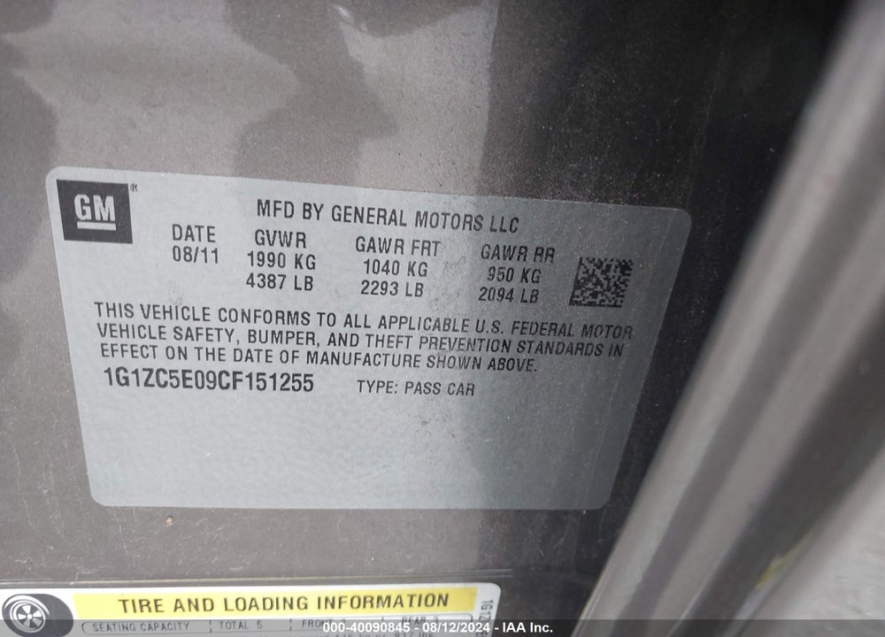 2012 CHEVROLET MALIBU 1LT VIN: 1G1ZC5E09CF151255