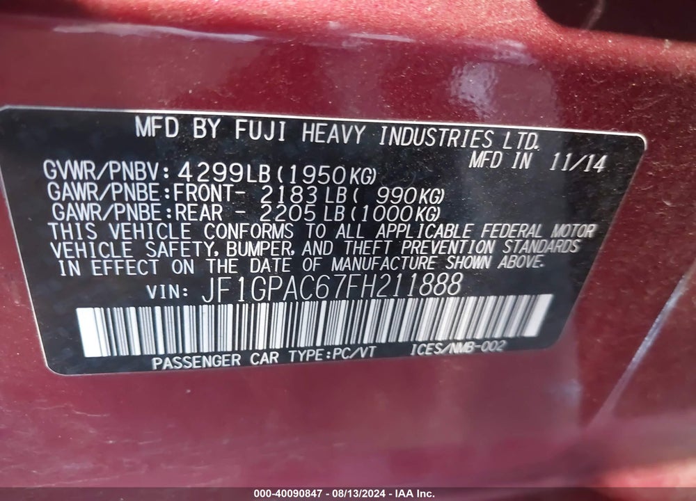 2015 SUBARU IMPREZA 2.0I PREMIUM VIN: JF1GPAC67FH211888
