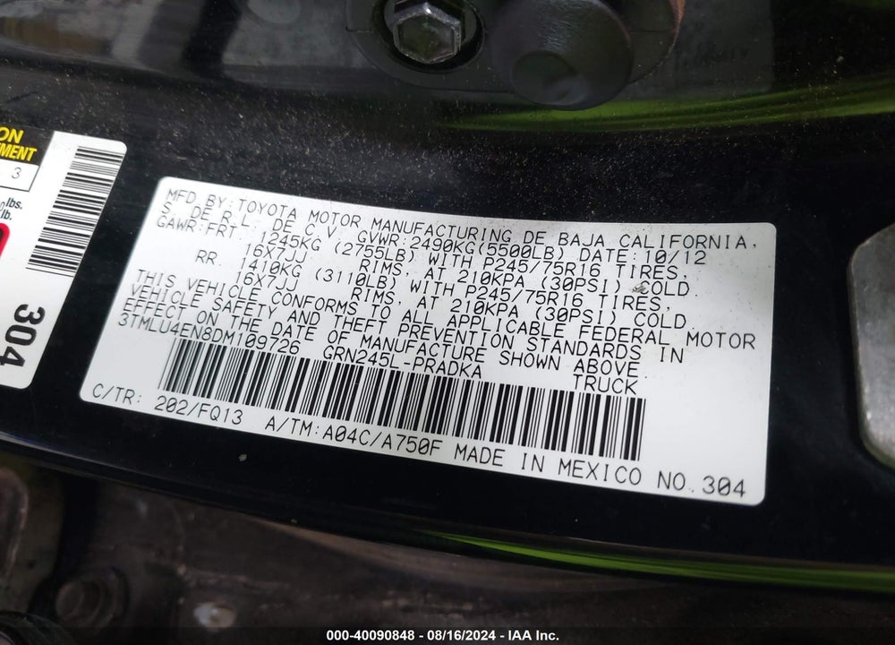 2013 TOYOTA TACOMA BASE V6 VIN: 3TMLU4EN8DM109726