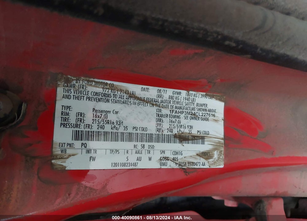 2012 FORD FOCUS SEL VIN: 1FAHP3M24CL227616