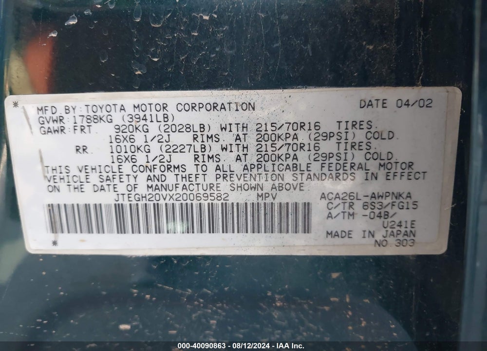 2002 TOYOTA RAV4 VIN: JTEGH20VX20069582