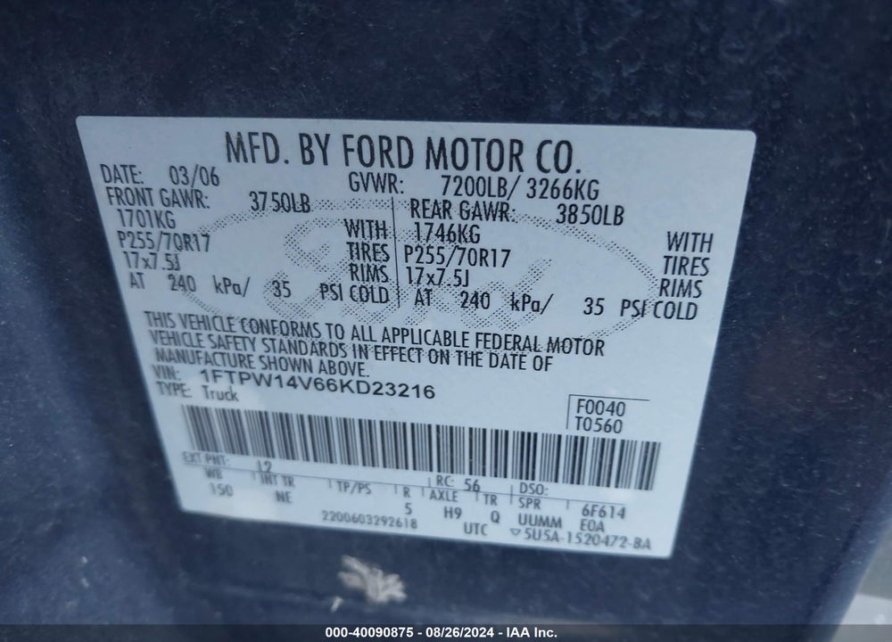 2006 FORD F-150 FX4/LARIAT/XLT VIN: 1FTPW14V66KD23216