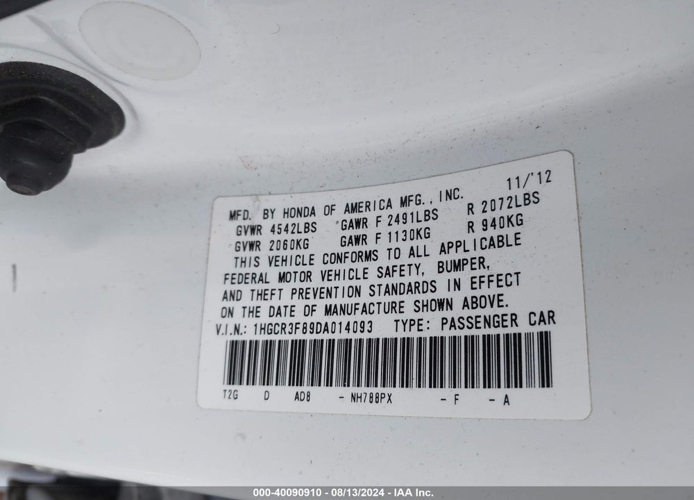 2013 HONDA ACCORD EX-L V-6 VIN: 1HGCR3F89DA014093