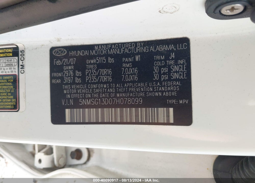 2007 HYUNDAI SANTA FE GLS VIN: 5NMSG13D07H078099
