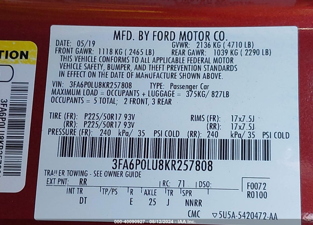 2019 FORD FUSION HYBRID SE VIN: 3FA6P0LU8KR257808