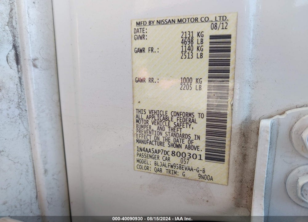 2013 NISSAN MAXIMA VIN: 1N4AA5AP7DC800301