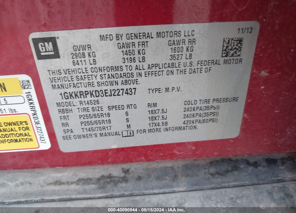 2014 GMC ACADIA VIN: 1GKKRPKD3EJ227437