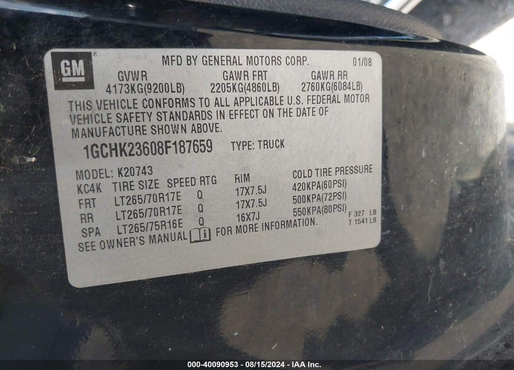 2008 CHEVROLET SILVERADO 2500HD LT2 VIN: 1GCHK23608F187659