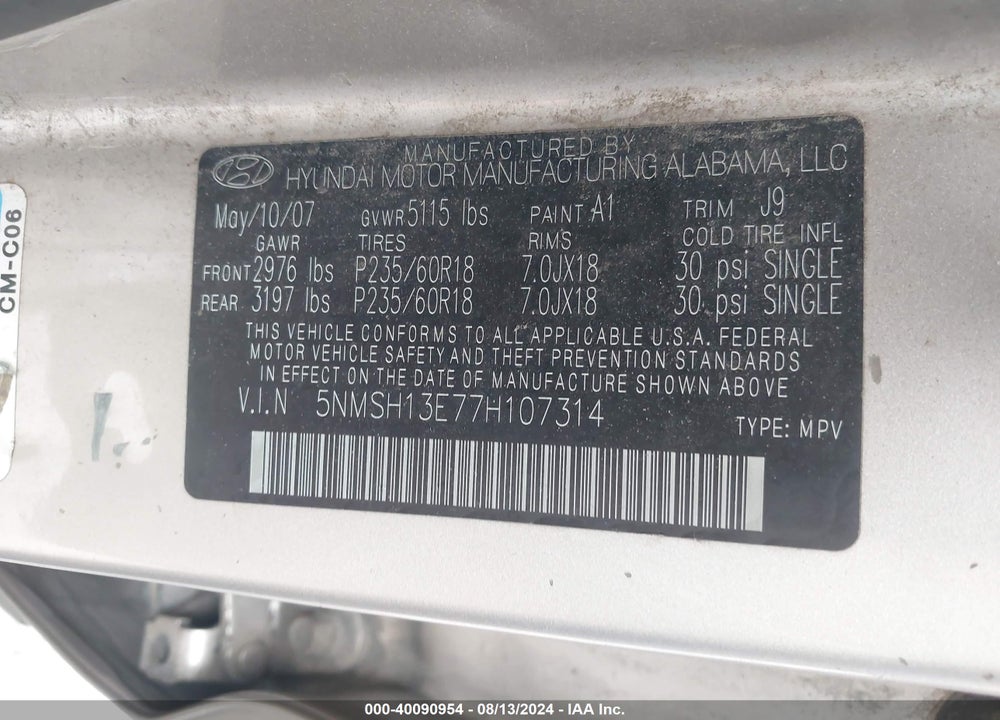 2007 HYUNDAI SANTA FE LIMITED/SE VIN: 5NMSH13E77H107314