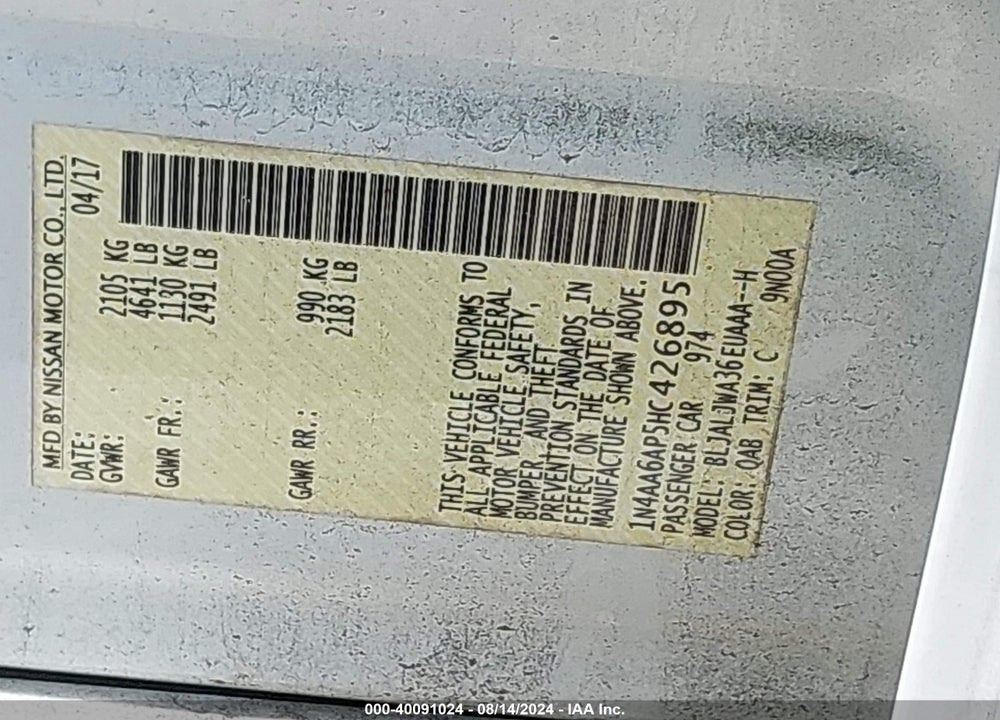 2017 NISSAN MAXIMA 3.5 SV VIN: 1N4AA6AP5HC426895